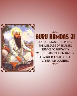 Portrait of Guru Ramdas Ji with text commemorating Jot Diwas