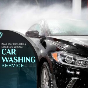 Black car being washed with foam and water, advertising car wash service.