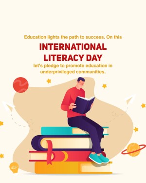 Illustration of a man reading a book on a stack of books with the text 'International Literacy Day'