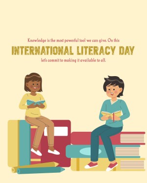 Illustration of children reading books on top of stacks of books for International Literacy Day