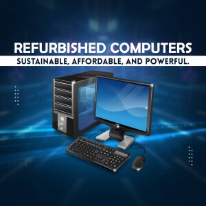 Image of a refurbished computer setup with a desktop, monitor, keyboard, and mouse.