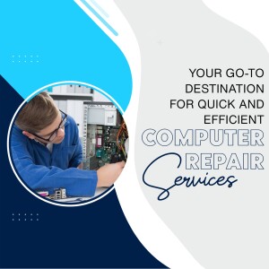 A technician repairing a computer with text promoting quick and efficient computer repair services.