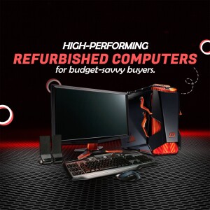Image of a refurbished gaming computer setup with monitor, keyboard, mouse, and speakers.