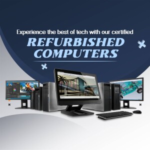 Image of refurbished computers with a promotional message.