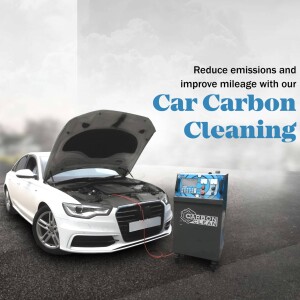 White car with open hood undergoing carbon cleaning service