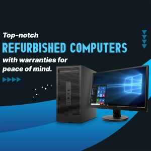 Image of a refurbished computer tower and monitor with a blue background and text promoting refurbished computers with warranties.