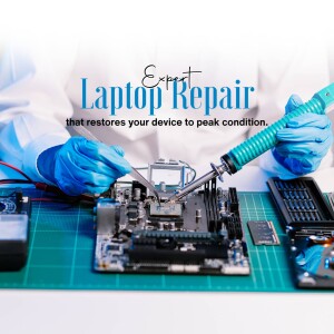 Close-up of a technician repairing a laptop motherboard with soldering iron