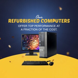 Image of refurbished computer set including monitor, tower, keyboard, and mouse.