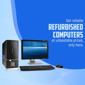 Image of refurbished desktop computer, monitor, keyboard, and mouse with text promoting unbeatable prices.