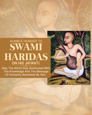 Portrait of Swami Haridas with text honoring his Jayanti