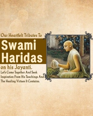 Image depicting Swami Haridas in a meditative pose with text honoring his Jayanti.