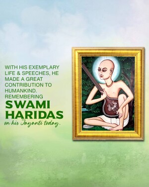 Portrait of Swami Haridas in a golden frame with text commemorating his Jayanti