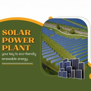 Aerial view of a solar power plant with the text 'Solar Power Plant, your key to eco-friendly renewable energy'