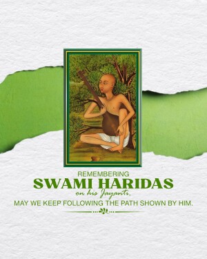Portrait of Swami Haridas with text commemorating his Jayanti