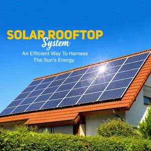Solar panels installed on a red tile roof under a blue sky