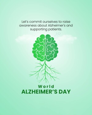 Green brain illustration with roots and text promoting Alzheimer's awareness.