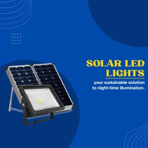 Solar powered LED flood light on a blue background