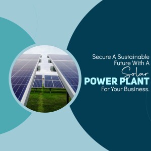 Solar panels in a field with text promoting sustainable power for businesses.