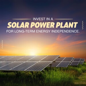 Solar power plant with sunset background