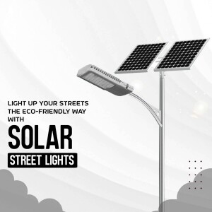 A solar powered street light with a solar panel on top of a pole.