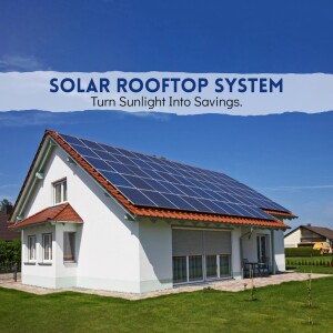 House with solar panels on the roof under a blue sky
