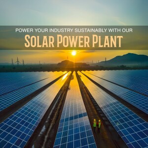 Aerial view of a solar power plant with the sun setting in the background