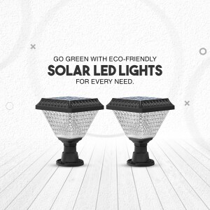 Two black solar powered LED lights on a wooden floor with text promoting eco-friendly lighting.