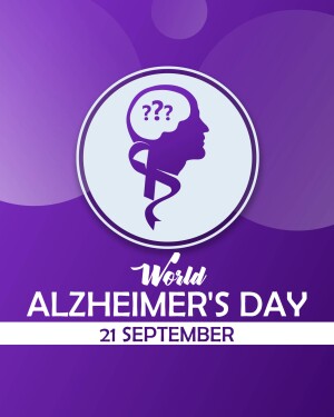 Illustration of a brain with question marks inside, representing Alzheimer's disease, with text 'World Alzheimer's Day - 21 September'