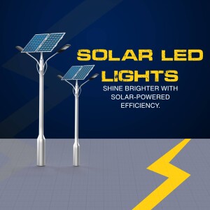 Two solar powered LED street lights on a gray surface with a lightning bolt graphic.