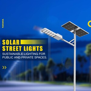 Solar powered street light with a blue gradient background