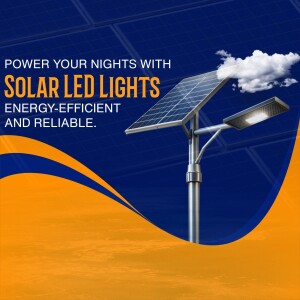 Solar powered LED street light with a blue sky and sun background.