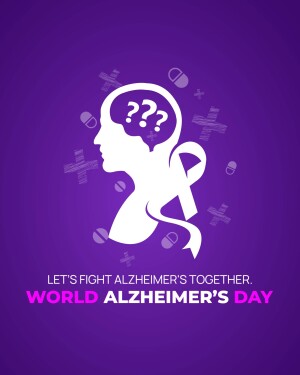 Illustration depicting a human head silhouette with a question mark inside, representing Alzheimer's disease, and a purple ribbon.