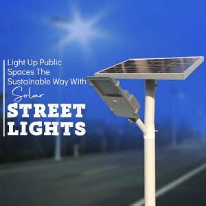Solar powered street light with a bright sun in the background