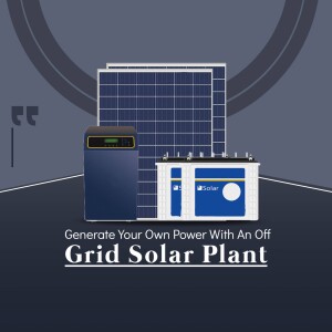 Illustration of an off-grid solar power system with solar panels, inverter, and battery storage.