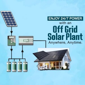 Illustration of an off-grid solar power system powering a house.