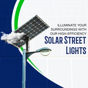Solar powered street light with a blue and white background