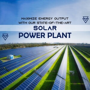 Aerial view of a large solar power plant with rows of solar panels and green grass.