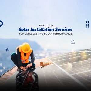 Solar panel installer working on a rooftop with a scenic background.