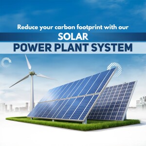 Image of a solar power plant with wind turbines and a blue sky, promoting renewable energy.