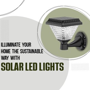 Close-up of a black solar-powered LED light fixture mounted on a wall
