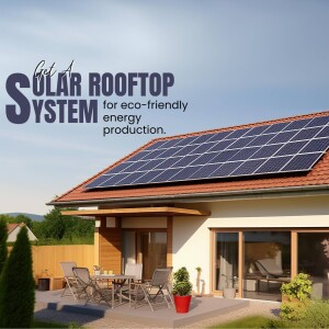 Solar panels on a house rooftop with a garden and patio