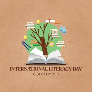Illustration depicting books, learning tools, and a tree representing knowledge for International Literacy Day.