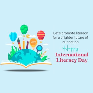 Illustration of a globe growing from an open book with balloons and literacy symbols, promoting International Literacy Day.