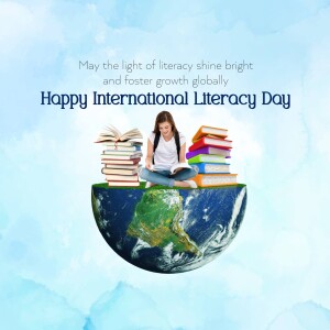 A girl reading a book on top of a globe with stacks of books, celebrating International Literacy Day.