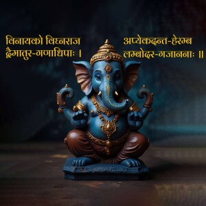 Close-up of a blue Ganesha statue with intricate details and Sanskrit text.