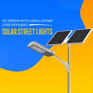 Image of two solar street lights against a blue and orange abstract background with text promoting cost-efficient solar lighting.