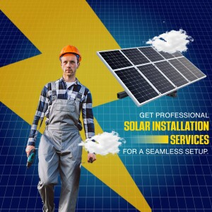 A solar panel installer with a solar panel and a bright yellow and blue background.