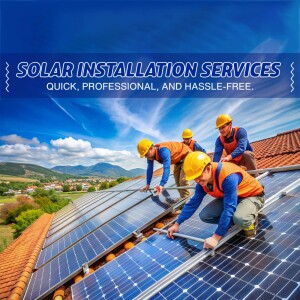 Team of workers installing solar panels on a rooftop