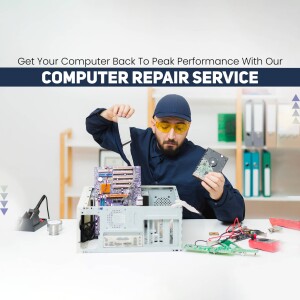 Technician repairing a computer with internal components visible