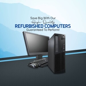 Image of a refurbished computer with monitor, keyboard, and mouse, advertising a sale.